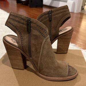 Vince Camuto Taupe Suede Open-Toe Stacked Block Heel Sandals